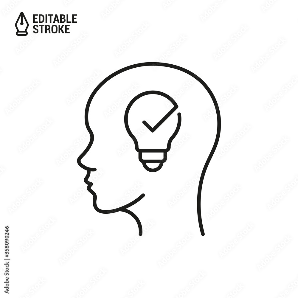 Head with lightbulb and tick (checkmark) icon. Concept of new good idea. Vector outline icon with editable stroke Head with lightbulb and tick (checkmark) icon. Concept of new good idea. Vector outline icon with editable stroke