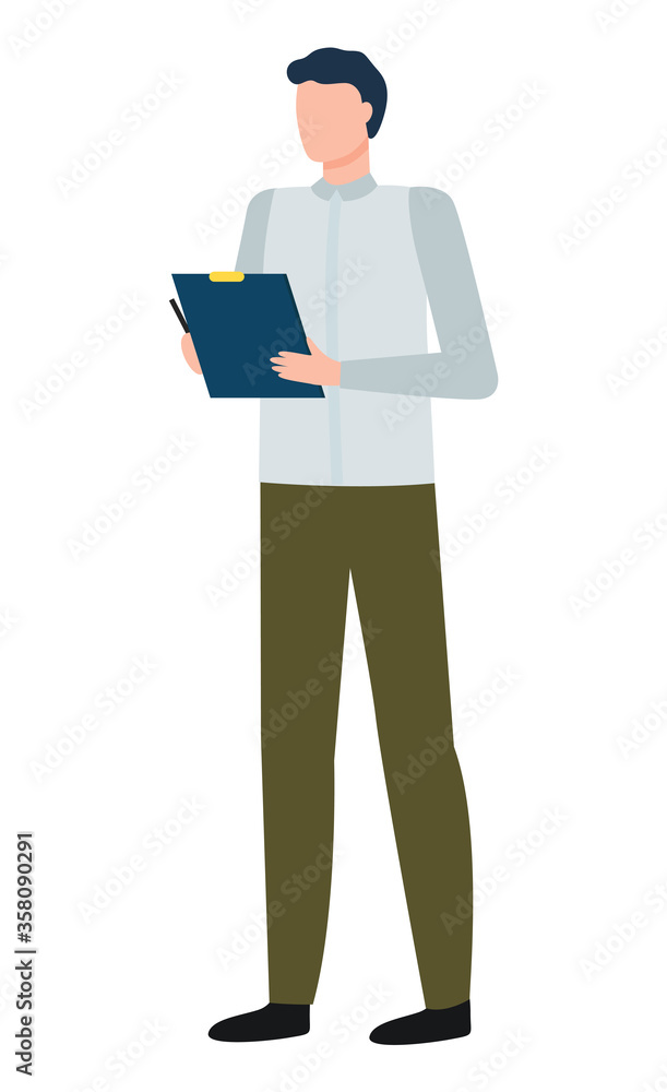 Male character holding notebook writing info on pages. Isolated personage wearing formal clothes. Assistant of businessman. Secretary with tablet or papers in hands. Vector in flat style illustration Male character holding notebook writing info on pages. Isolated personage wearing formal clothes. Assistant of businessman. Secretary with tablet or papers in hands. Vector in flat style illustration