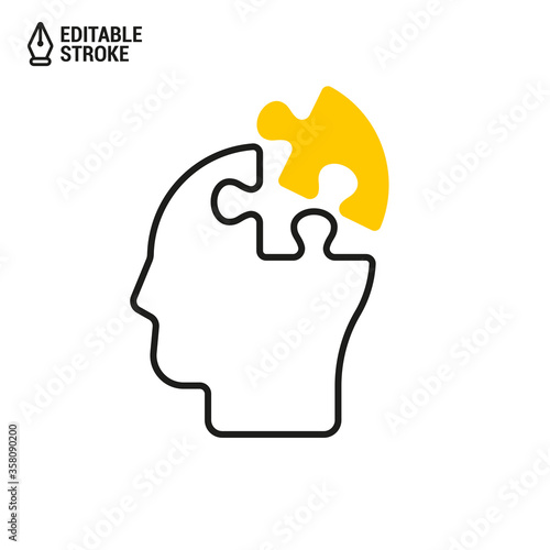 Head with puzzle piece icon. Concept of whole person. Vector outline icon with editable stroke