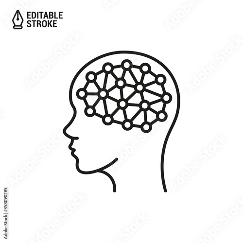 Head with neural connections icon. The human brain in the form of neural connections. Vector outline icon with editable stroke