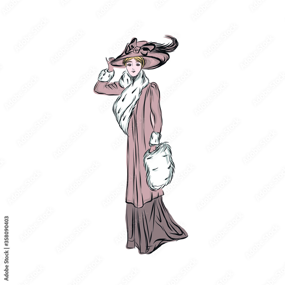 vintage woman in elegance style. vector clip art. illustration for vintage postcard or poster