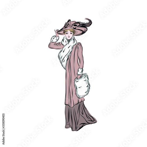 vintage woman in elegance style. vector clip art. illustration for vintage postcard or poster