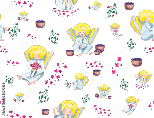 hand-drawn watercolor cute angels with summer strawberries, blueberries and flowers