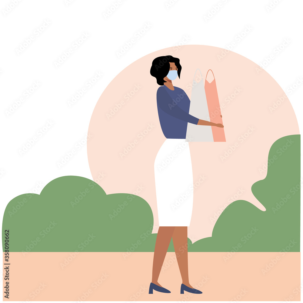 
Portrait of a black masked girl walking down the street and holding shopping bags. Cartoon flat vector illustration. Beautiful model. People lifestyle concept. housewife shopping.