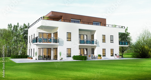 Concept 3D d'un petit immeuble résidence moderne avec balcon et jardin en co-propriété