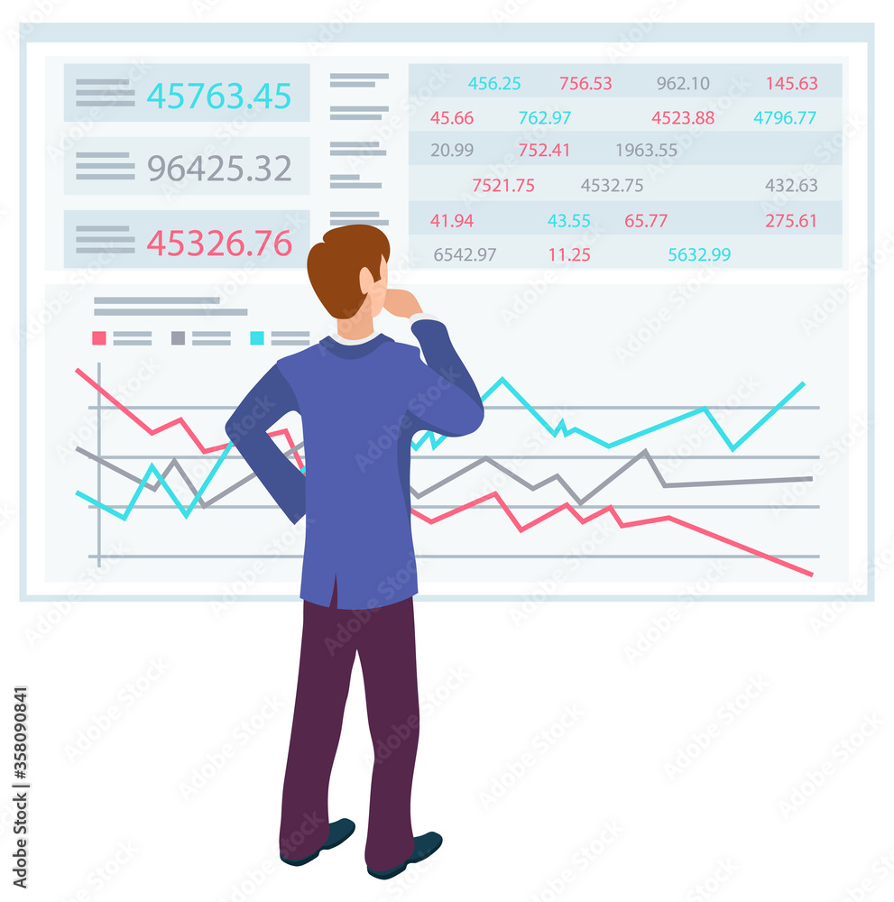 Confused character at work vector, man wearing formal clothes looking at charts on boards. Numeric data and information, businessman boss leader working. Business education Confused character at work vector, man wearing formal clothes looking at charts on boards. Numeric data and information, businessman boss leader working. Business education