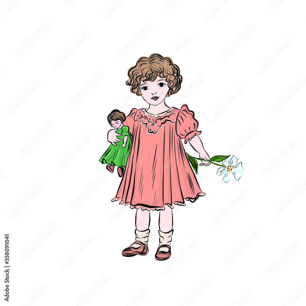 Fototapeta premium Little girl with toy. Hand drawn vector clip art. illustration for vintage postcard or poster