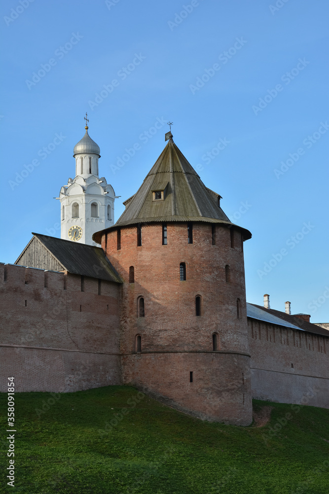 Fedorovskaya tower and chapel of the Novgorod Kremlin. Spring view. Veliky Novgorod. Novgorod detinets. Ancient fortress