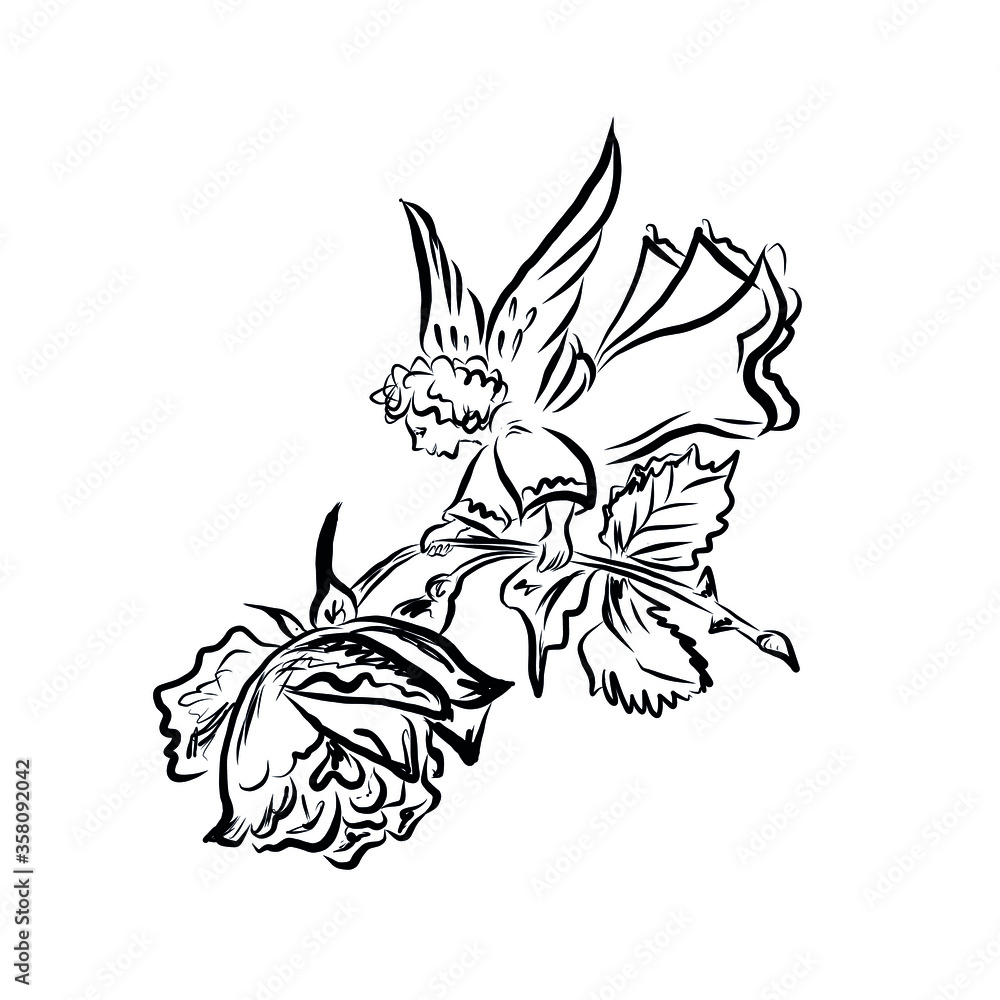 Fototapeta premium Angel flies with flower. Holy man worship god. Ascension Jesus. Spiritual woman prays to God. Fantasy religion symbol. 