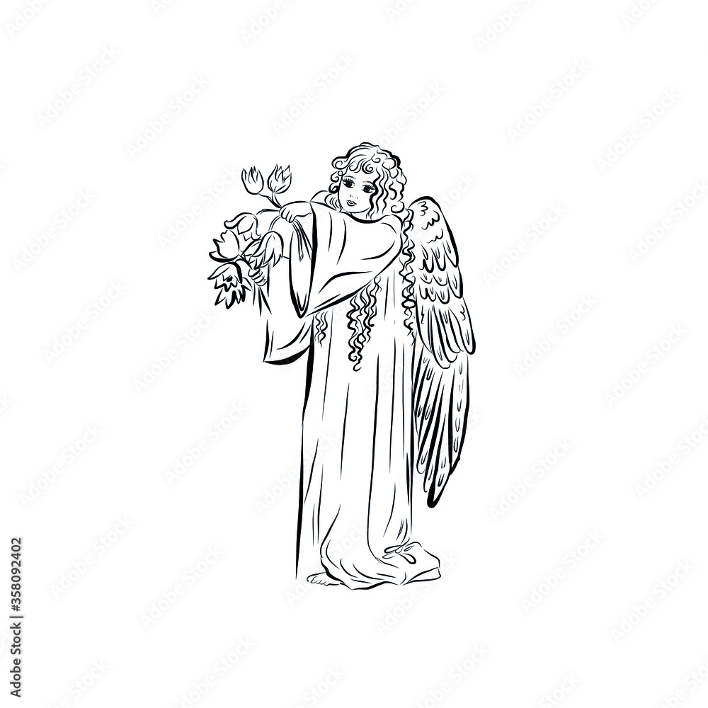 Angel with flowers. Coloring book with symbol of god of man. Happy baby. Concept of resurrection of Jesus Christ. Christmas, Easter design. 