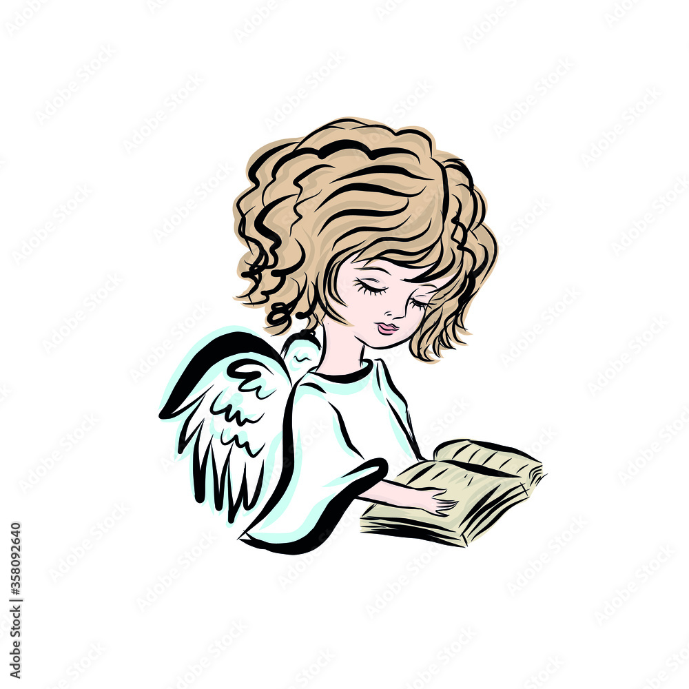 Holy child worship god. Ascension Jesus. Cute Christmas angel baby reads Bible. Symbol of religion. Child holds open book. Holy child worship god. Ascension Jesus. Cute Christmas angel baby reads Bible. Symbol of religion. Child holds open book.