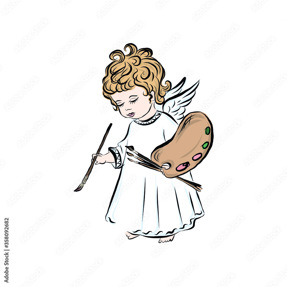 Obraz premium Cute baby artist with palette and brush. Angel. Coloring book with symbol of god of man. Happy baby. Concept of resurrection of Jesus Christ. Christmas, Easter design.