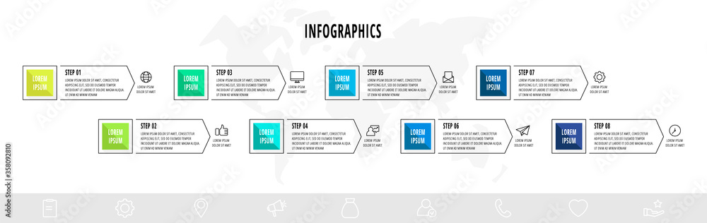 Vector infographics design template with arrows. Eight steps. Modern line concept can be used for diagram, business, web, banner, workflow layout, presentations, timeline, content, levels Vector infographics design template with arrows. Eight steps. Modern line concept can be used for diagram, business, web, banner, workflow layout, presentations, timeline, content, levels