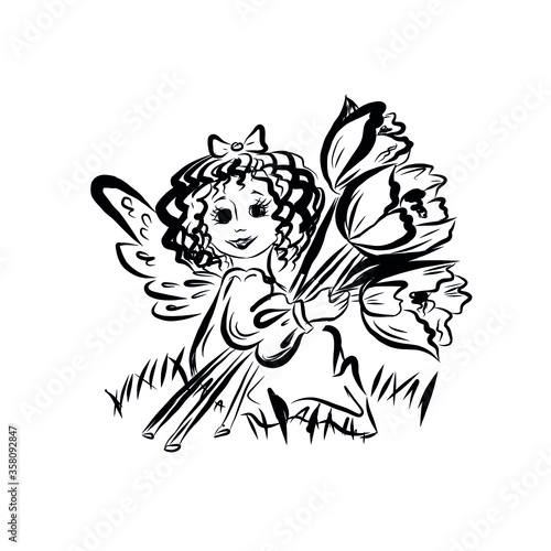 Smiling angel girl with flowers. Bouquet of spring tulips. Coloring book with symbol of god of man. Happy baby. Concept of resurrection of Jesus Christ. Christmas, Easter design. 