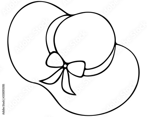 The hat is female. Straw hat with bow. Vector illustration. Outline on an isolated white background. Sketch. Sun protection. Beachfront napper. Doodle style. Vacation mood. Idea for web design. 