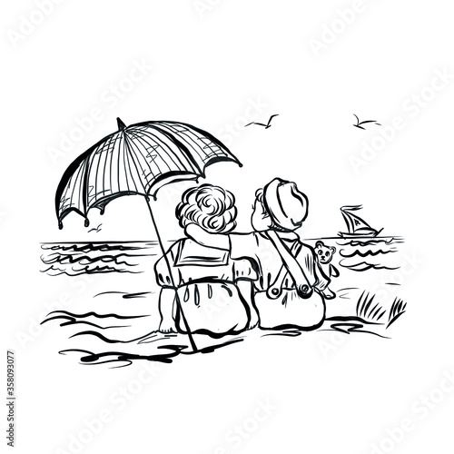 Little boys hug sitting on seashore. Friends on beach under umbrella who protecting from sun. Joyful childhood moment summer vacation. Fun leisure outdoor. Coloring book © Irina Angelic