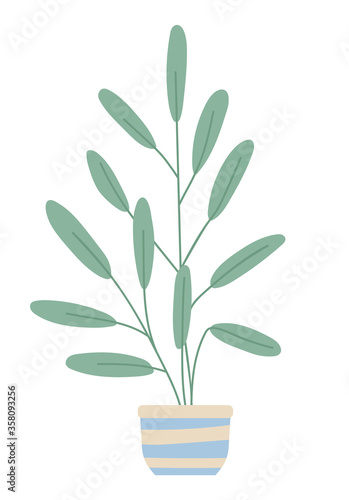 Green indoor houseplant and flower in pot icon on white. Plant growing in pot or planter. Beautiful natural home and office decorations. House plant  flowerpot object. Trendy vector in flat cartoon