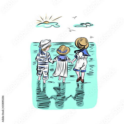 Group of children in straw hats holding hands on seashore. Fun outdoor. Kids on beach in headwears who protecting from sun. Joyful childhood moment summer vacation. 
