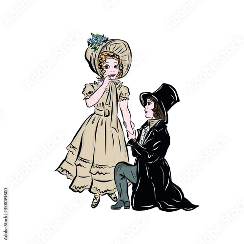 Girl and boy in vintage style from the nineteenth century. Gentleman in top hat and tailcoat, girl dressed in hat and long dress. Valentine's Day Greeting Card