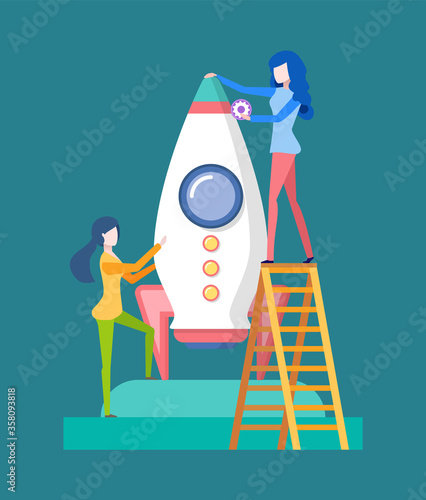 Working people on launching of business project vector, woman with details to complete spaceship, lady standing on ladder holding rocket startup flat style