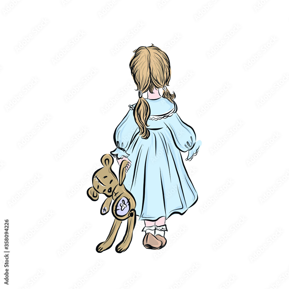Little blonde girl in blue dress standing with her back and holds teddy bear. Colorful character. Beautiful child. Cartoon vector illustration. Little blonde girl in blue dress standing with her back and holds teddy bear. Colorful character. Beautiful child. Cartoon vector illustration.