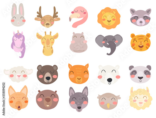Cute sweet little animals head collection with smiling faces. Hand drawn vector art. Kids nursery scandinavian illustration for print. Graphic design for apparel.