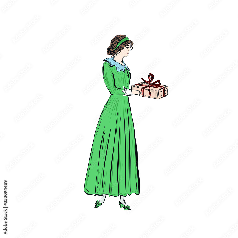 Beautiful woman with present. Festive event. Lady in green long dress in vintage style. Gift box in kraft paper wrapping with red satin ribbon. Christmas celebration.