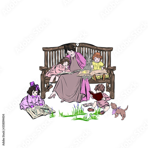 Nanny with children of kindergarten age reading book. Mother of many kids with rabbit sitting on wooden bench in the summer outdoors with puppy. Illustration for children's book