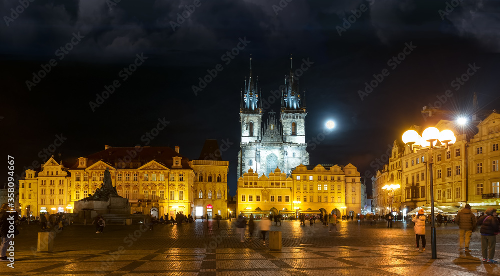 Prague old town square night view featuring Church of our Lady before tyn