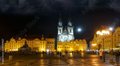 Prague old town square night view featuring Church of our Lady before tyn