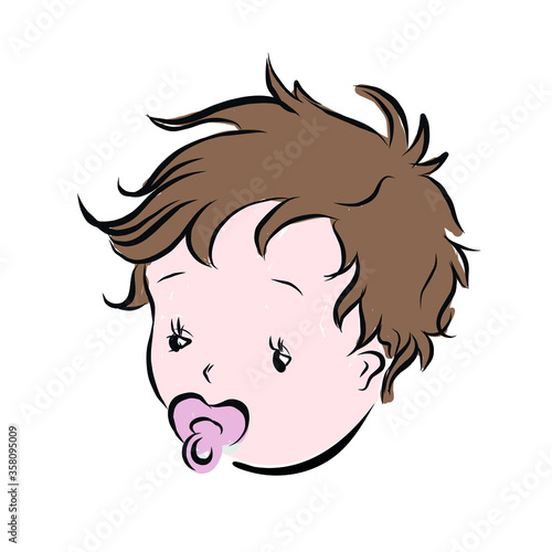 Portrait of newborn with nipple. Baby with dummy in his mouth. Clip art design. Cute adorable child. 