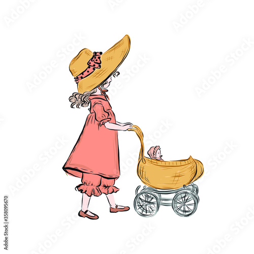 Girl playing with pram and doll. Nanny rolls cradle with newborn