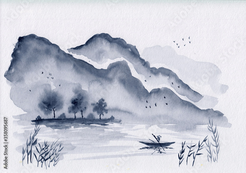 Watercolor painting with asian mountains, forest, river, cane & fisherman boat. Peaceful serene hand drawn oriental landscape with rocks. Concept for decoration, relax, restore, meditation background.