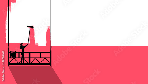 Business concept banner. A girl with a roller in her hands paints a wall on a suspended elevator. Vector illustration.