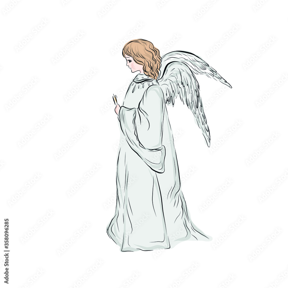 Adorable blond angel holds candle isolated on white background. Biblical symbol of divine man with wings. Church symbol. Design for greeting cards with Easter, Christmas.