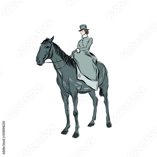 Rider. Man riding horse. Flat character in vintage style clothes. 