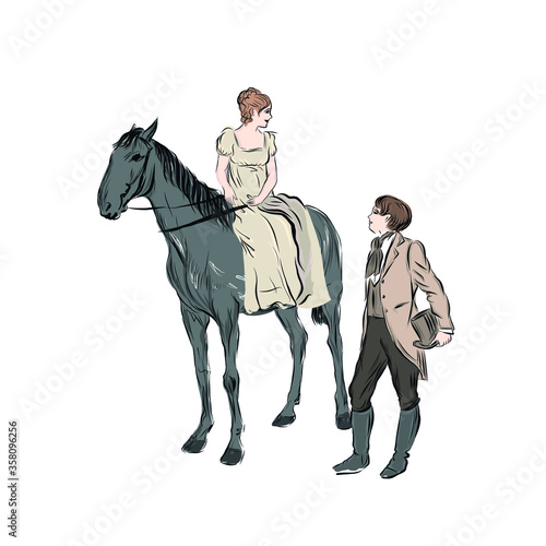 Woman sits on horse and looks at man. People in vintage style clothes. Coupe on date. Lady and gentleman isolated on white background. 