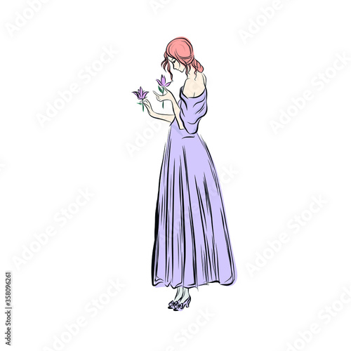 Crown in lilac ball gown with flowers. Adult princess in long evening dress. Fashion woman in dress in beautiful style. Adorable female model. 