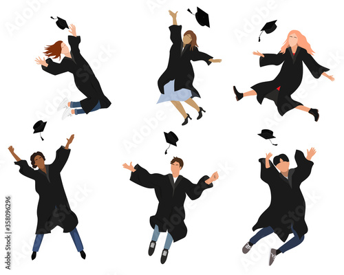 Vector set with happy graduate students in graduation clothing. Grads, jumping and throwing the mortarboards high into the air. Flat vector illustration isolated on white