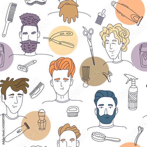 Seamless pattern with man faces and hairdressing tools. Doodle style illustration in black ink with color elements. Great gor barbershops design, wrapping papers, wallpapers, covers. 