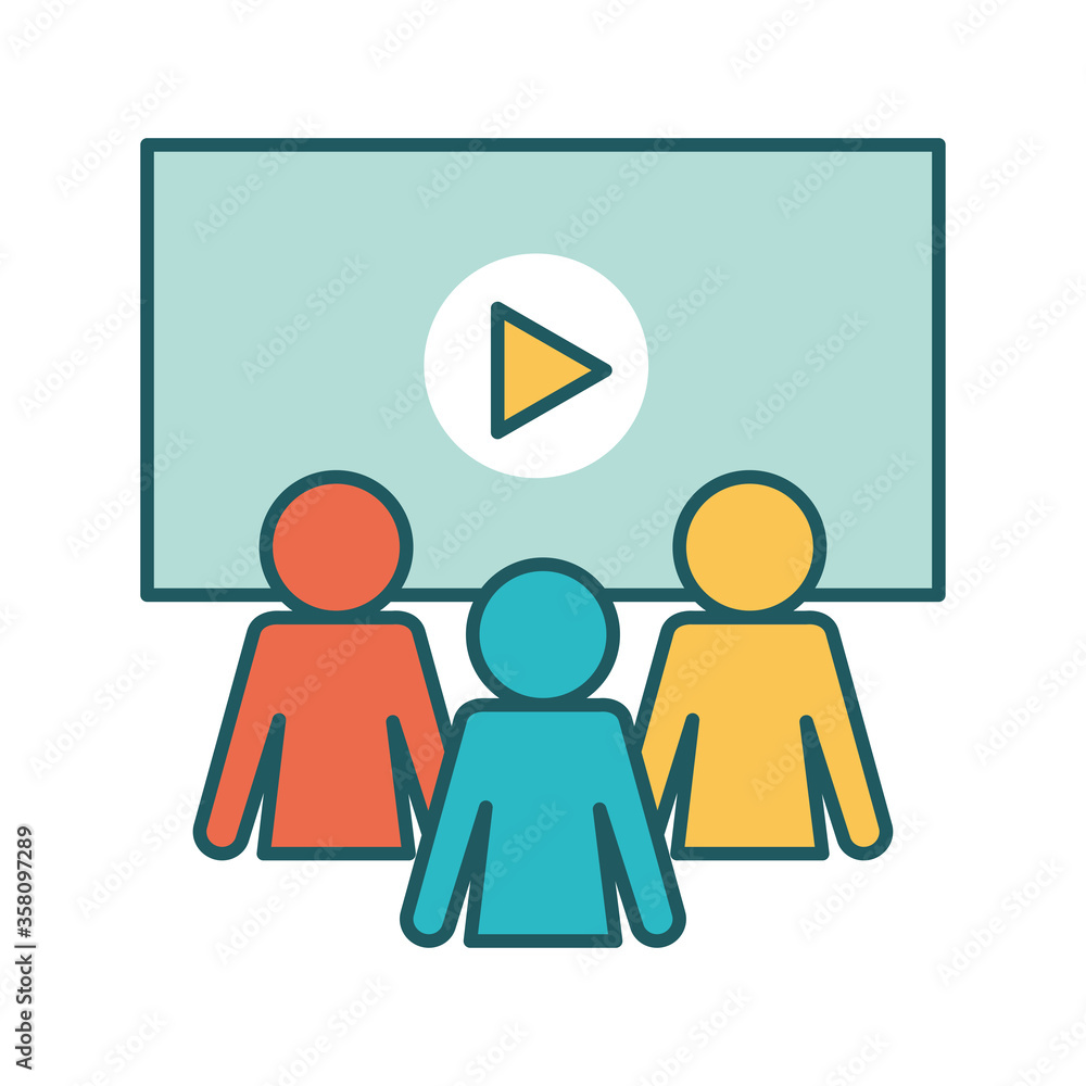 Play on screen and avatars line and fill style icon design, Music movie cinema video film and media theme Vector illustration Play on screen and avatars line and fill style icon design, Music movie cinema video film and media theme Vector illustration