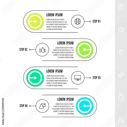 Infographics circles with 4 steps, labels. Line vector template. Can be used for diagram, business, workflow layout, presentations, flow chart, info graph, timeline, content, levels.