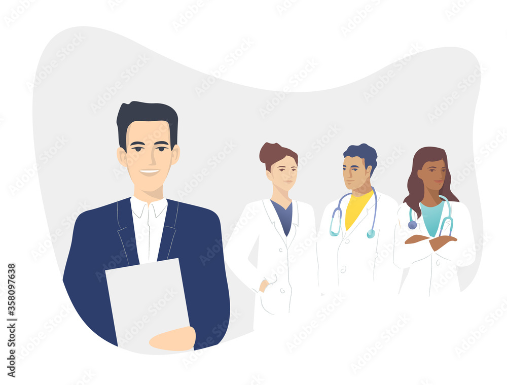 Handsome hospital administrator. Medical insurance illustration -modern concept - a male administrator with a team of doctors in, medical office. Yellow-blue design. Handsome hospital administrator. Medical insurance illustration -modern concept - a male administrator with a team of doctors in, medical office. Yellow-blue design.