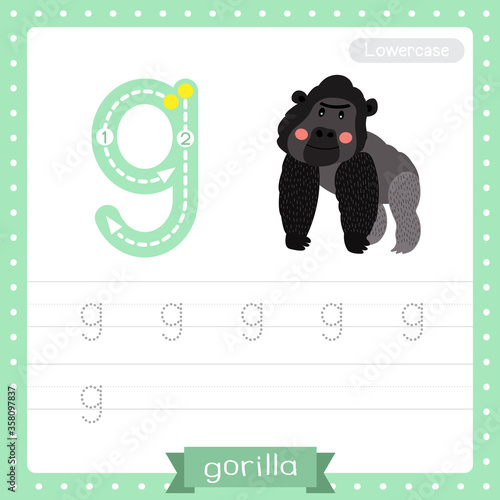 Letter G lowercase tracing practice worksheet. Gorilla