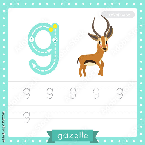 Letter G lowercase tracing practice worksheet. Standing Gazelle