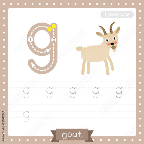 Letter G lowercase tracing practice worksheet. Standing Goat