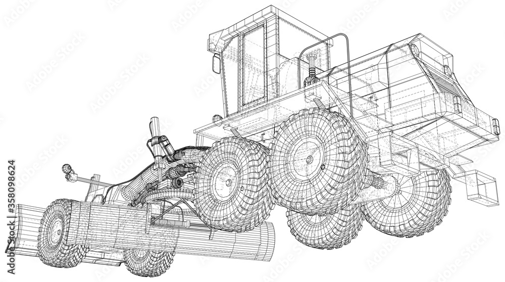 Motor grader.. Vector Wire-frame isolated excavator on background. Vector rendering of 3d.