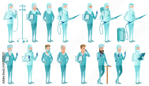 Collection characters of doctors in different positions, defence suits and life situation. Vector illustration on white background