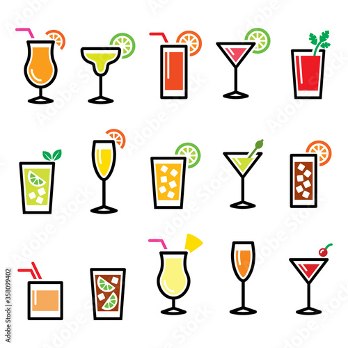 Cocktails, popular alcohot drinks glasses vector icons set - pub, bar concept