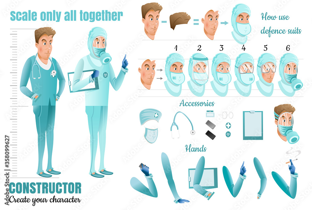 Doctors. Two Men Cartoon Characters for Animation. Different defence suits and hands position